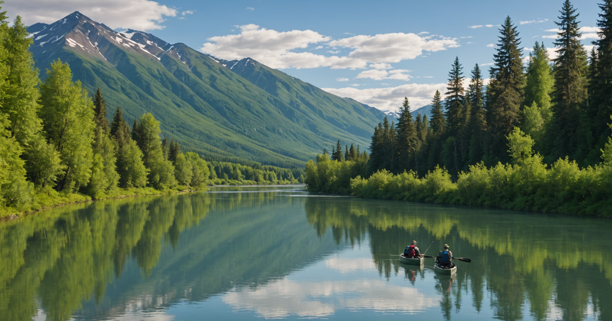 A serene view of the Kenai River with anglers fishing for king salmon