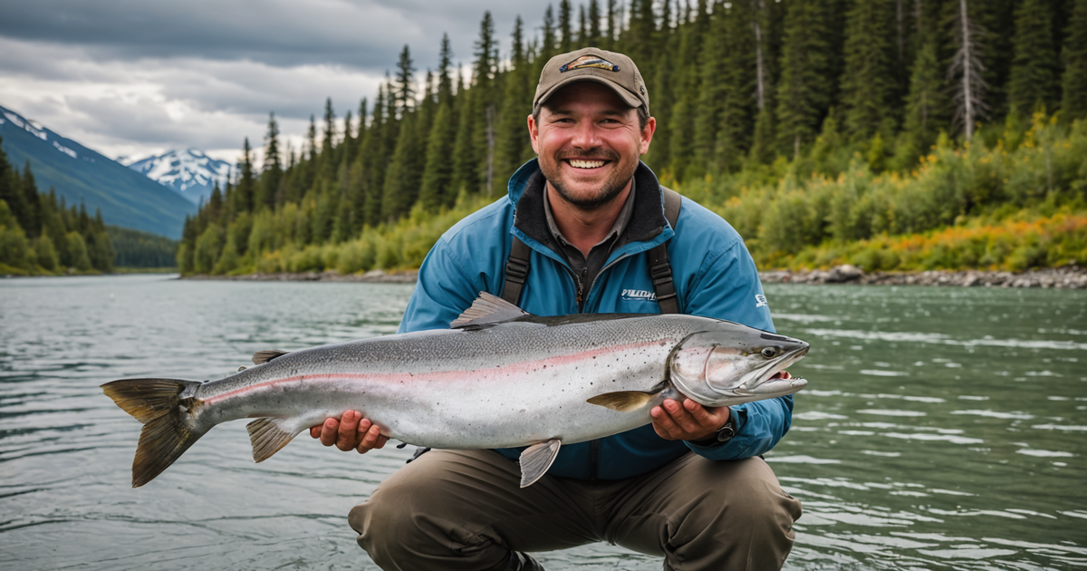 An angler proudly holding a king salmon caught on the Kenai River