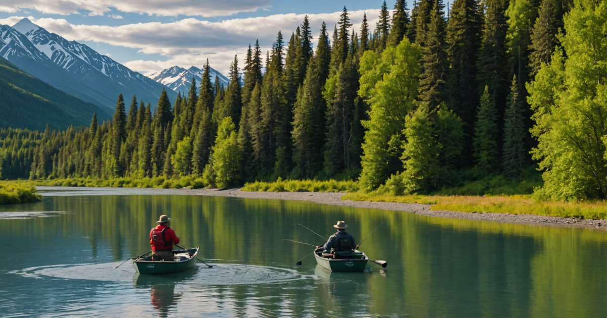 Anglers fishing on the Kenai River, surrounded by lush Alaskan landscapes.