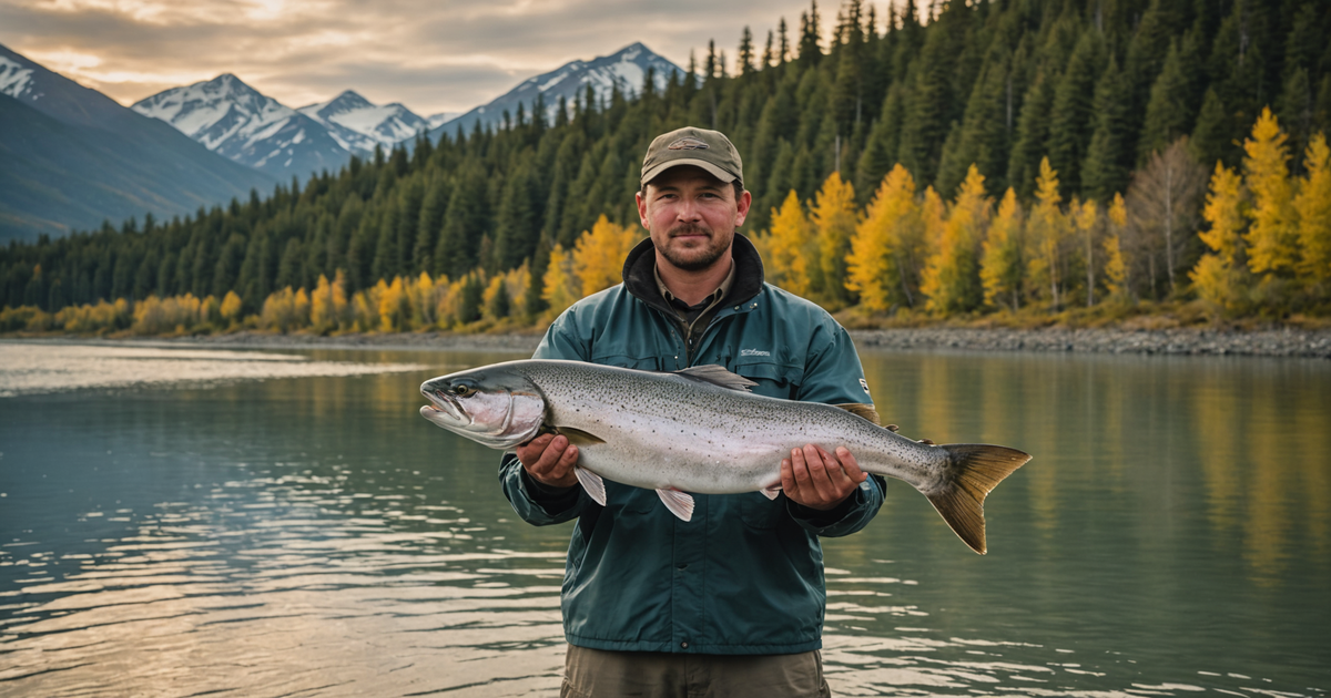 A fisherman holding a large Chinook salmon in the Kenai River