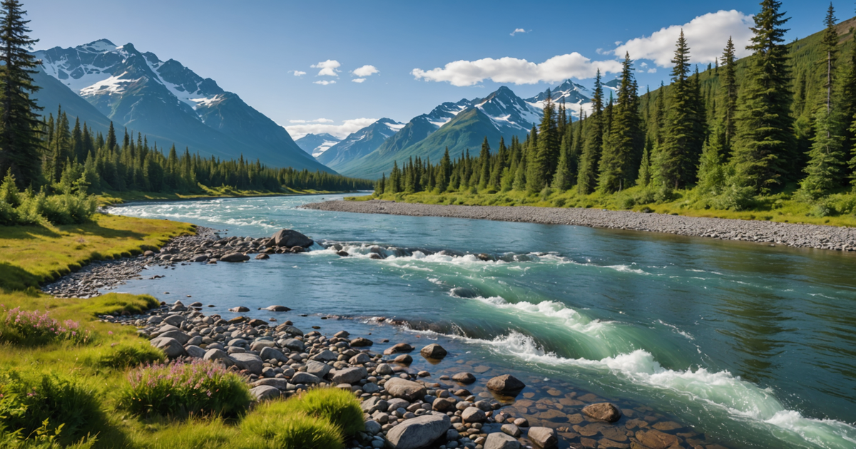 A picturesque view of the Alaskan wilderness with a river teeming with salmon