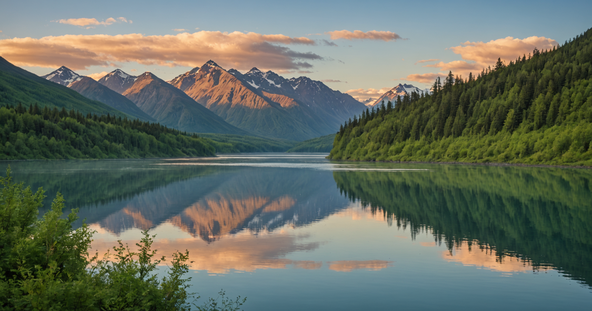 A panoramic view of Alaska's Kenai River, with an angler casting a line at sunrise.