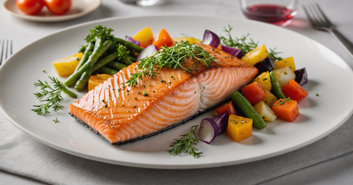 A beautifully plated Chinook salmon dish, showcasing the vibrant colours and textures.