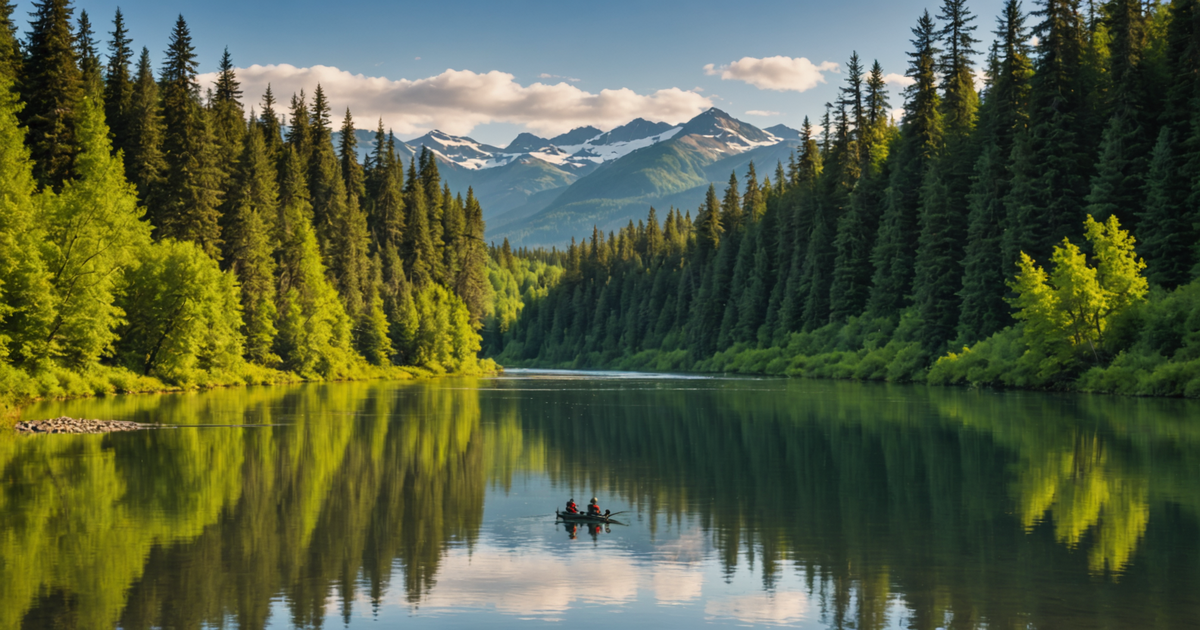 Scenic view of Alaskan river with anglers fishing for red king salmon