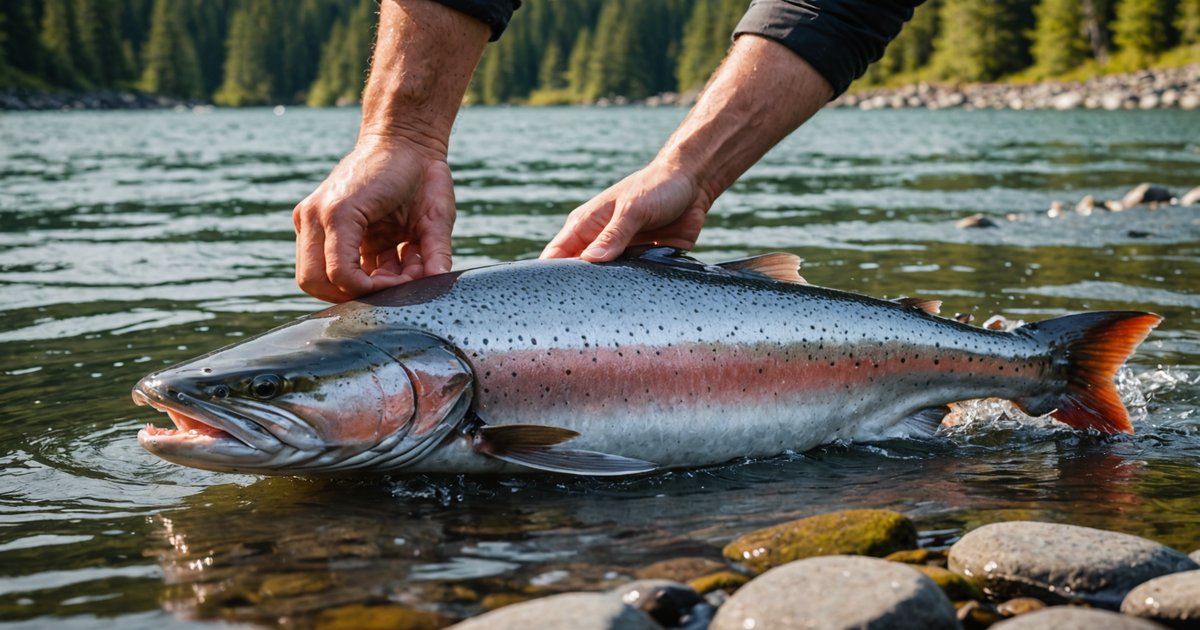 Close-up of a red king salmon being caught and released in a pristine Alaskan river