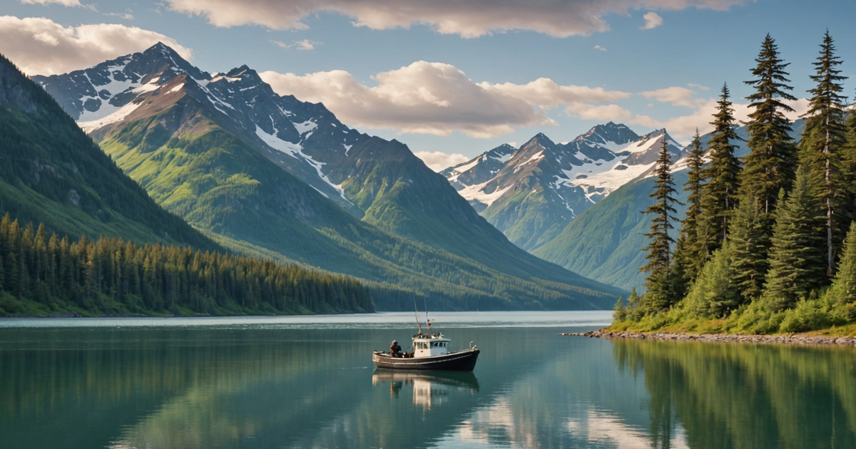 A picturesque view of a fishing boat on Alaskan waters, surrounded by mountains and wildlife.