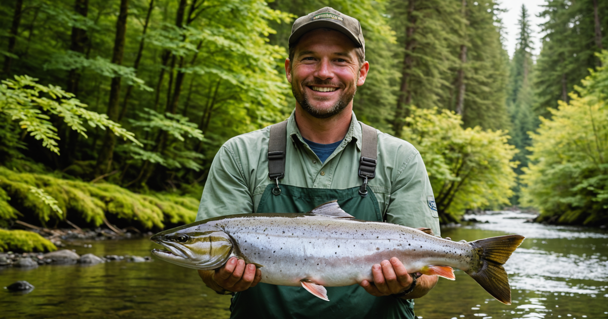 An angler proudly holding a freshly caught salmon, with lush Alaskan forest in the background.