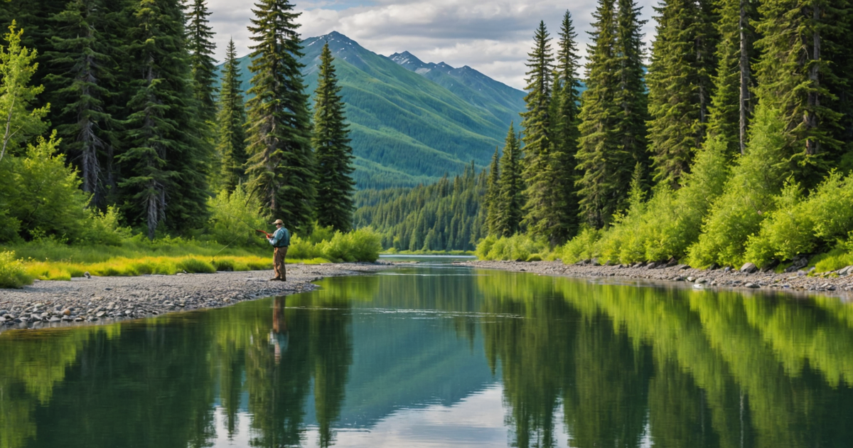 An angler casting a line in a serene Alaskan river, surrounded by lush wilderness.