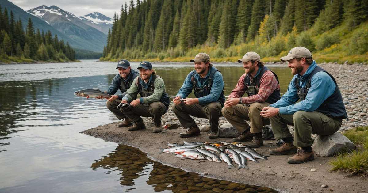 A group of anglers with their catch of the day, showcasing different species of Alaskan salmon.