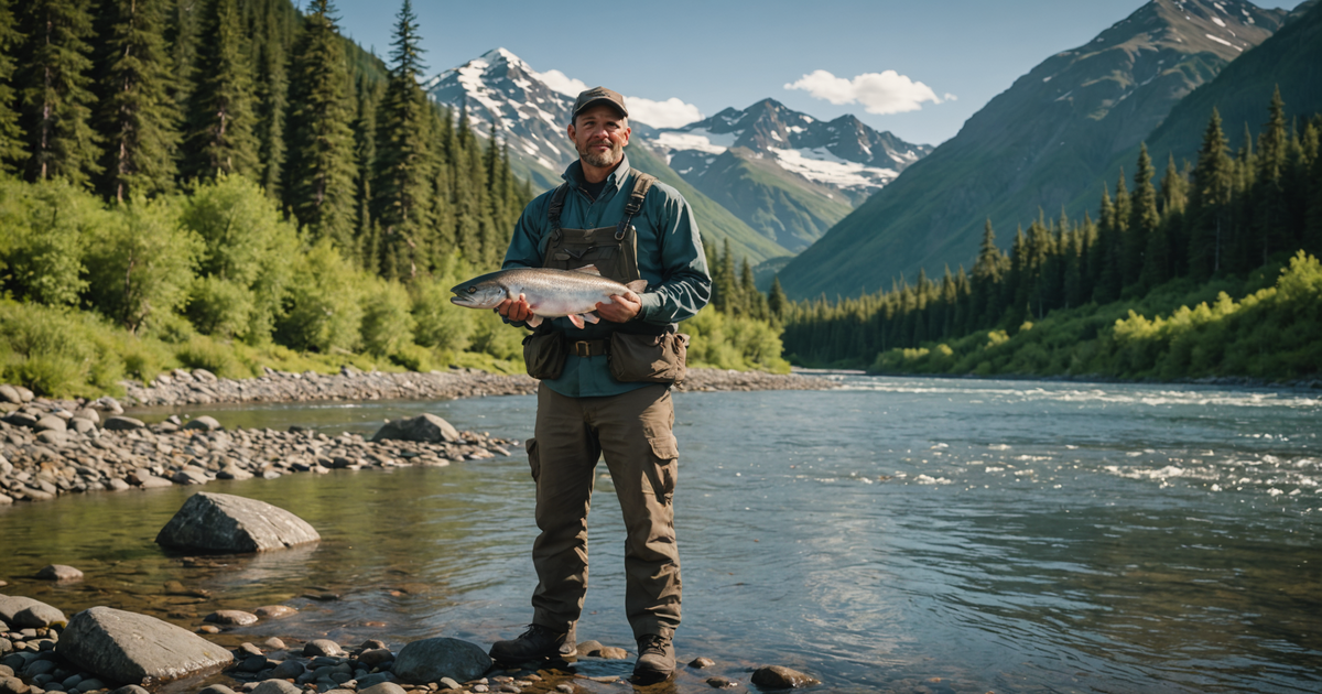 An angler with a large salmon in a picturesque Alaskan setting.