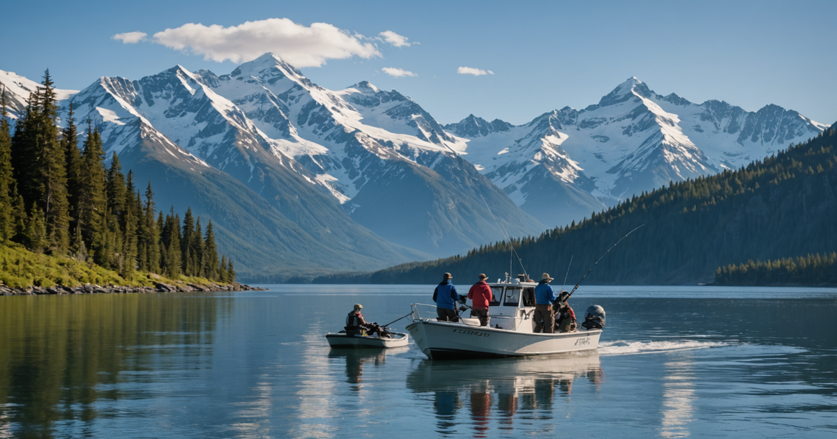 A group of anglers on a charter boat surrounded by Alaskan mountains.
