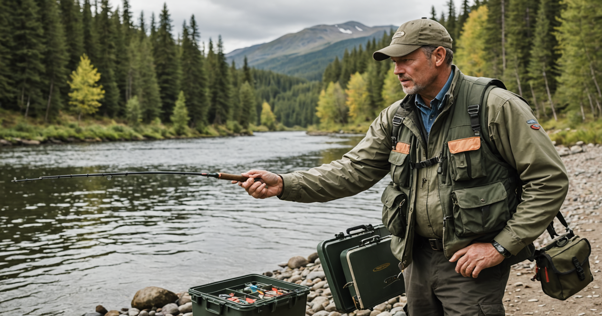A seasoned guide showing an angler how to use salmon fishing tackle on a riverbank.