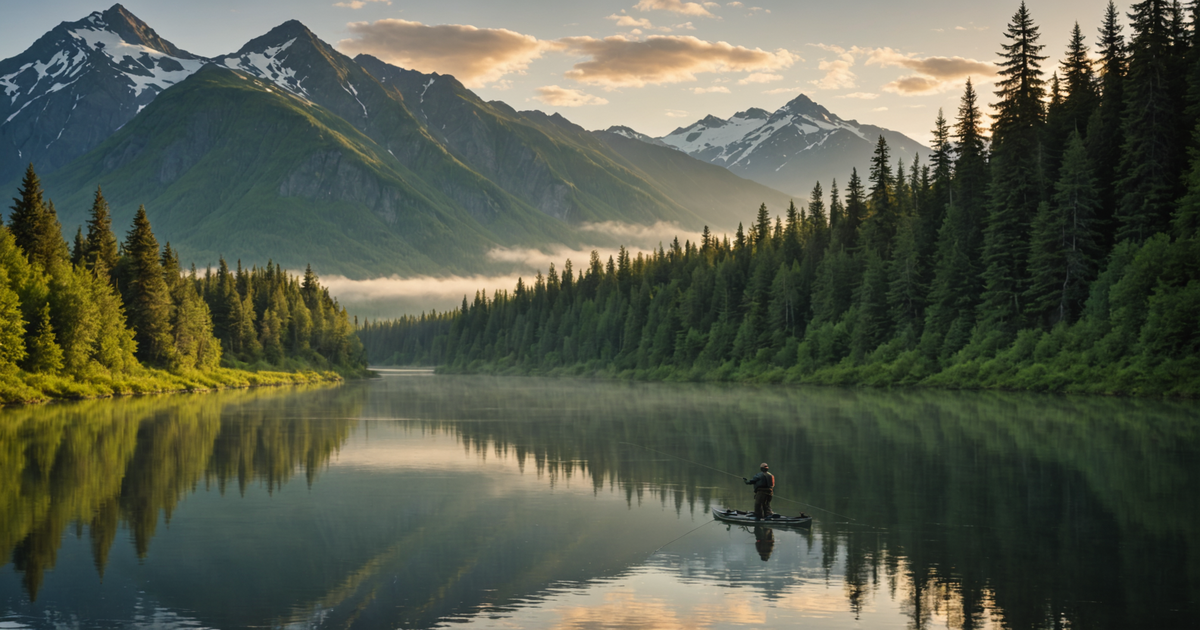 A stunning Alaskan river with an angler casting a line at dawn.