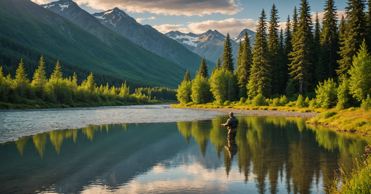 A breathtaking Alaskan river with an angler casting for salmon