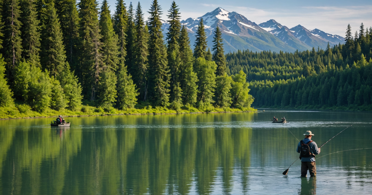 A scenic view of the Kenai River with anglers fishing for salmon.