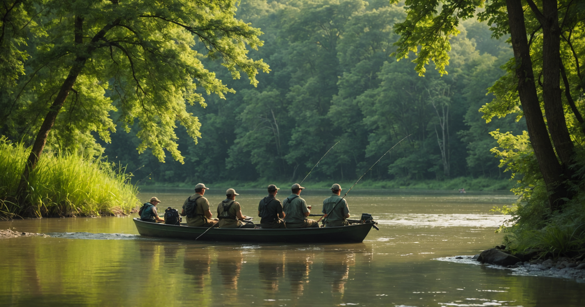 A guided fishing group with a professional guide instructing on the banks of a river.