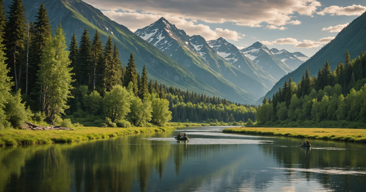 A scenic Alaskan river with anglers fishing for salmon.