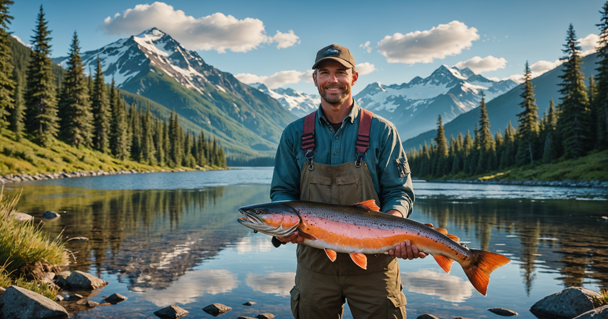 An angler holding a freshly caught salmon against the backdrop of Alaskan wilderness.