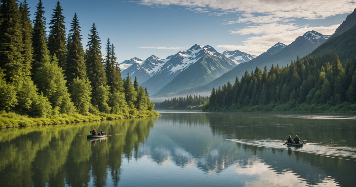 Scenic view of Alaskan river with anglers fishing for silver salmon