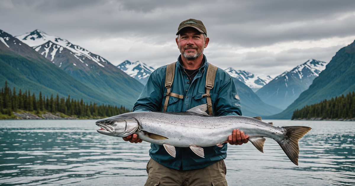 Angler holding a large silver salmon with Alaskan mountains in the background