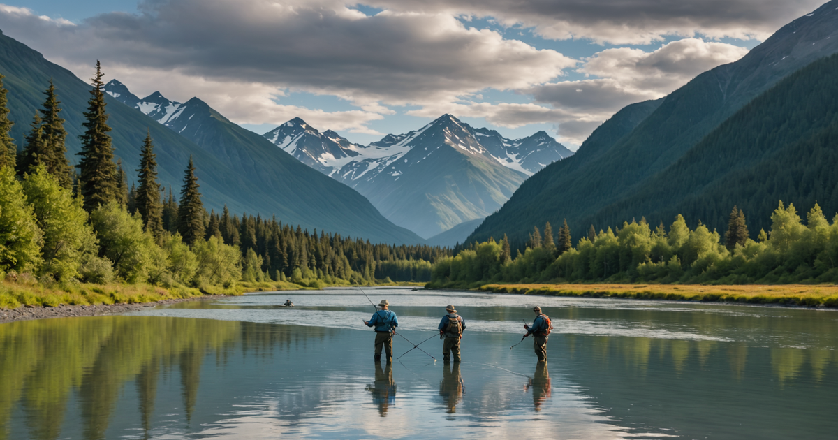 Pristine Alaskan river with anglers fishing for silver salmon