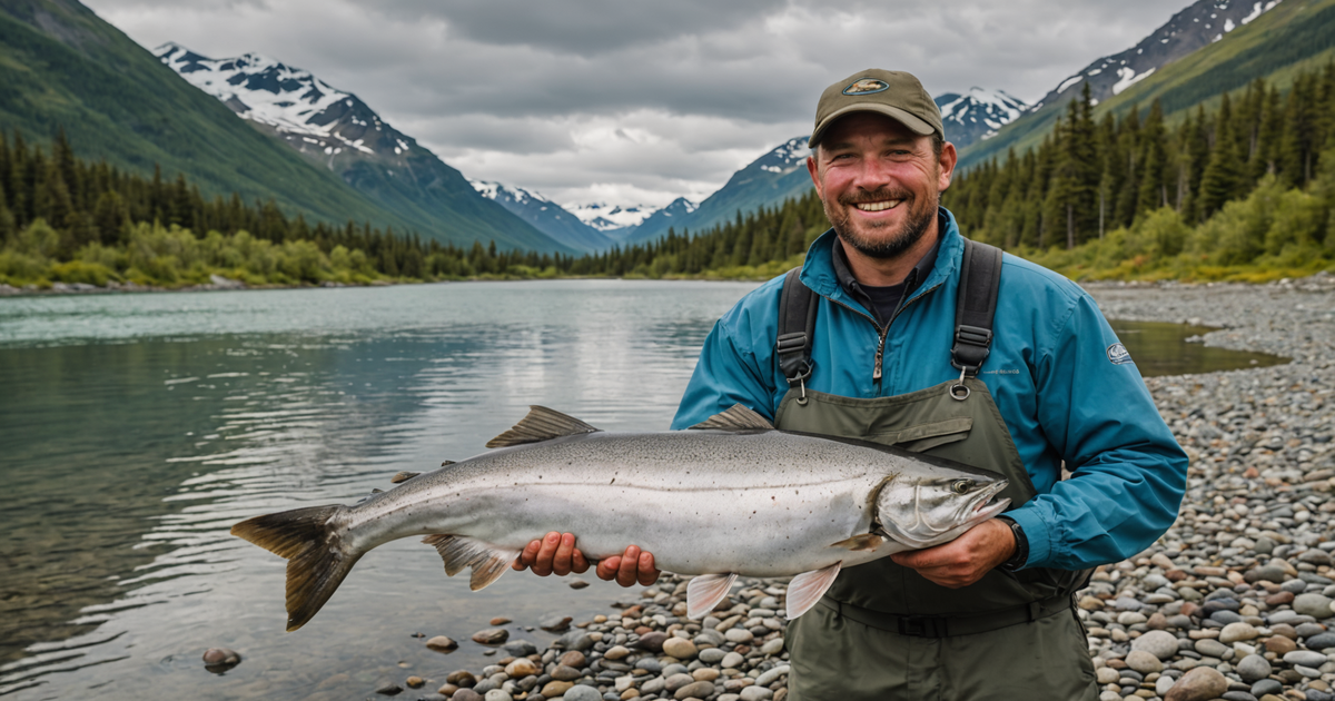 Angler holding a large silver salmon against an Alaskan wilderness backdrop