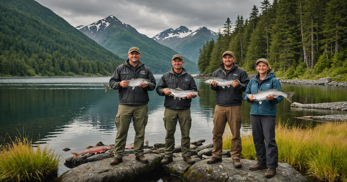 A group of anglers proudly displaying their catch against Sitka's scenic backdrop