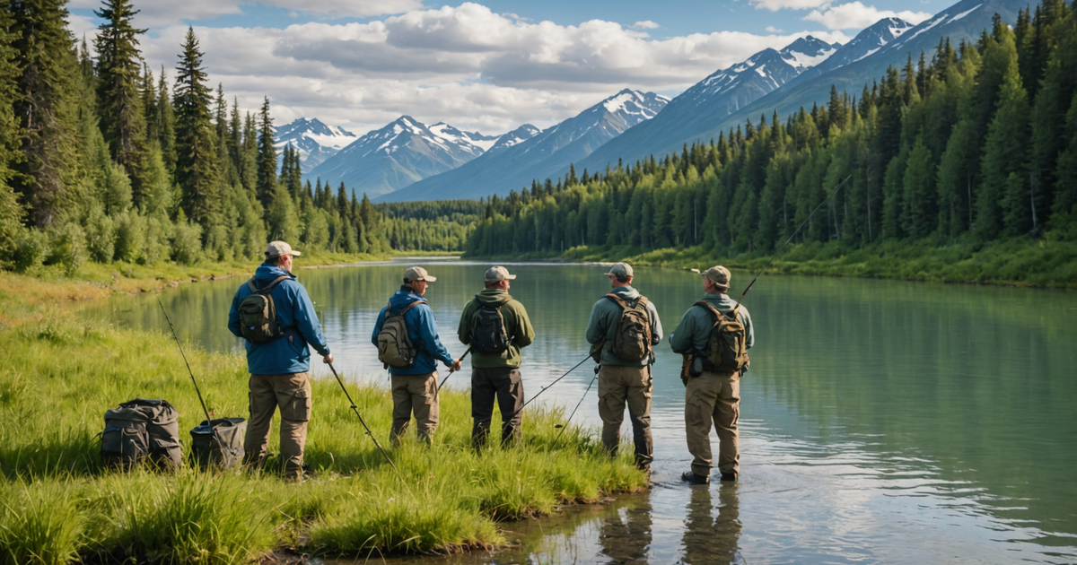 A guided fishing trip on the Kenai River with a group of anglers and a local guide.