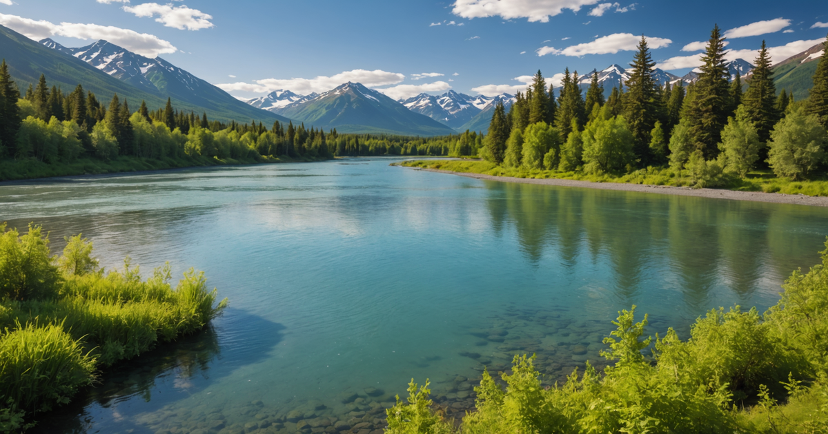A scenic view of the Kenai River with sockeye salmon jumping.