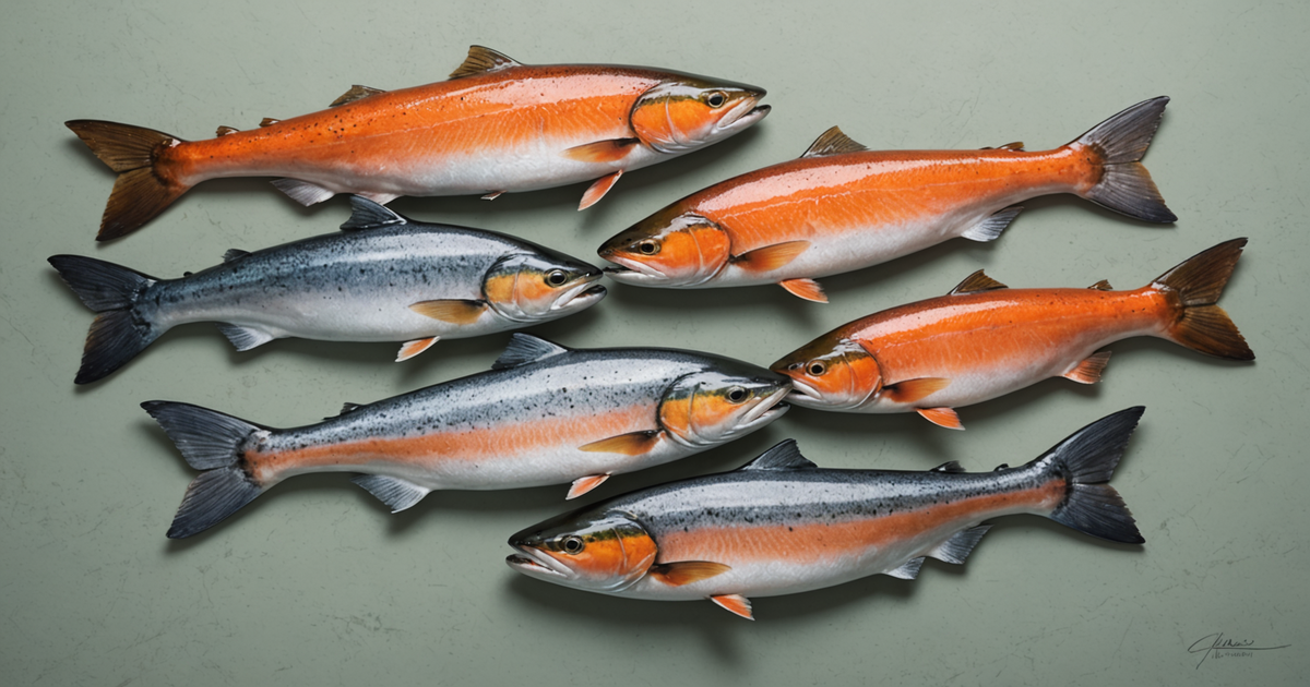 An illustration showing the different species of Alaskan salmon with their identifying features.