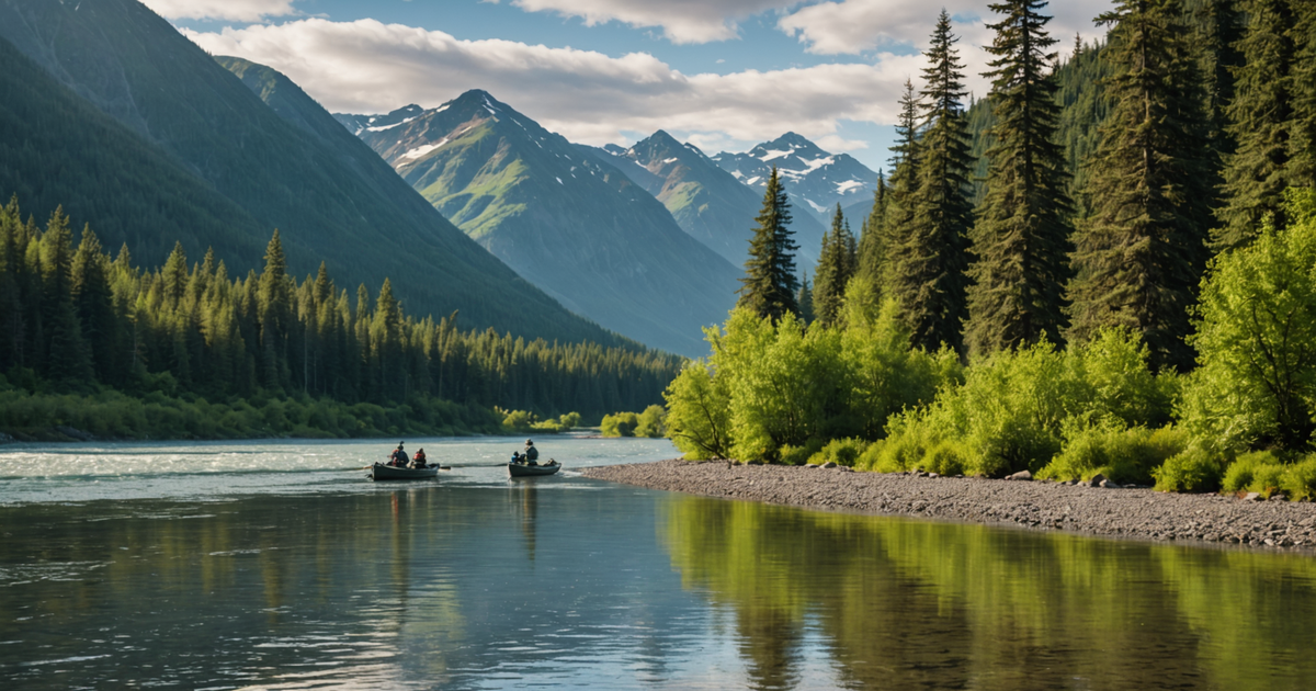 A picturesque Alaskan river with anglers fishing during a salmon run.