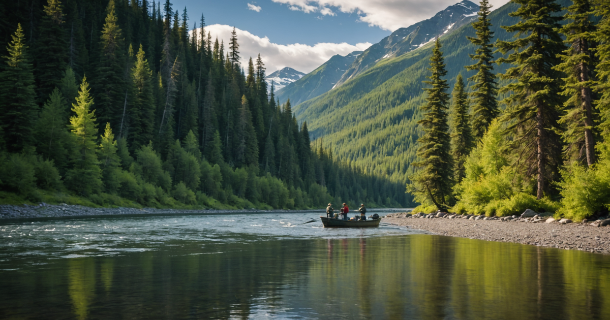 A picturesque Alaskan river with anglers fishing for salmon