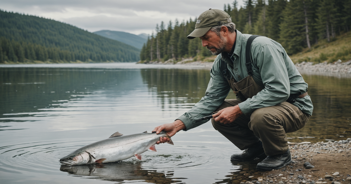 A fisherman releasing a silver salmon back into the water