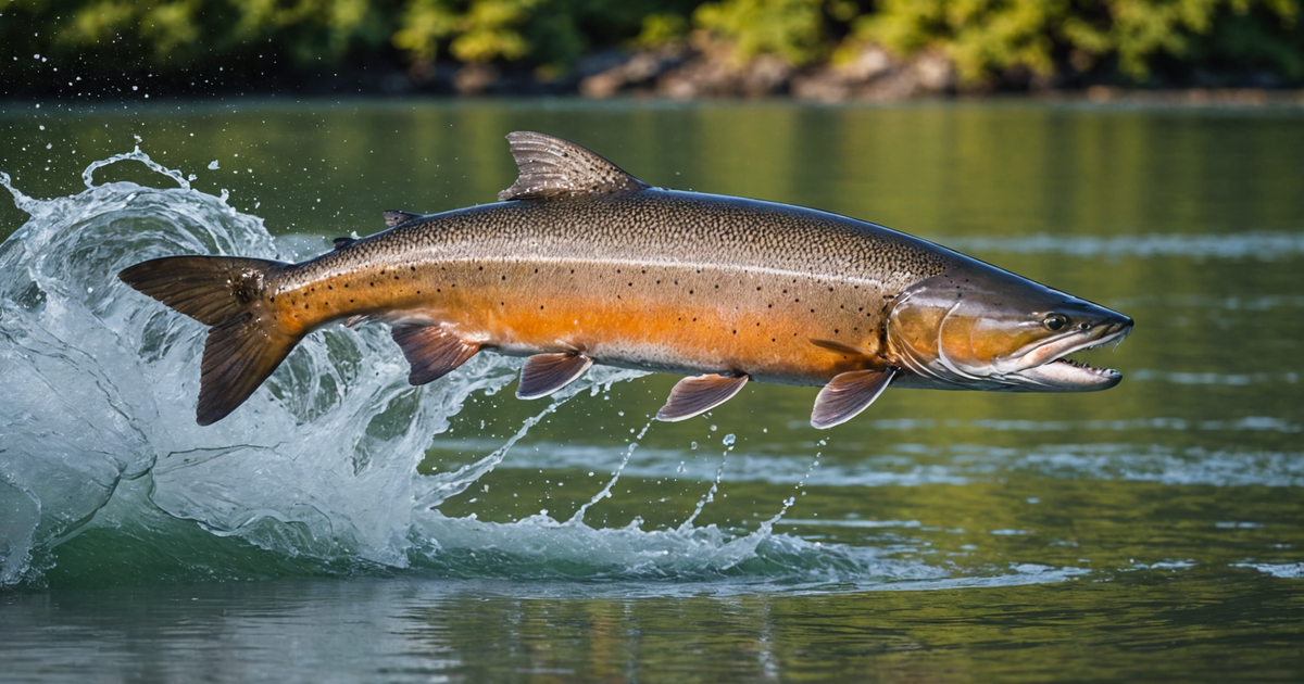 A majestic Chinook Salmon leaping out of the water in the Kenai River, Alaska.