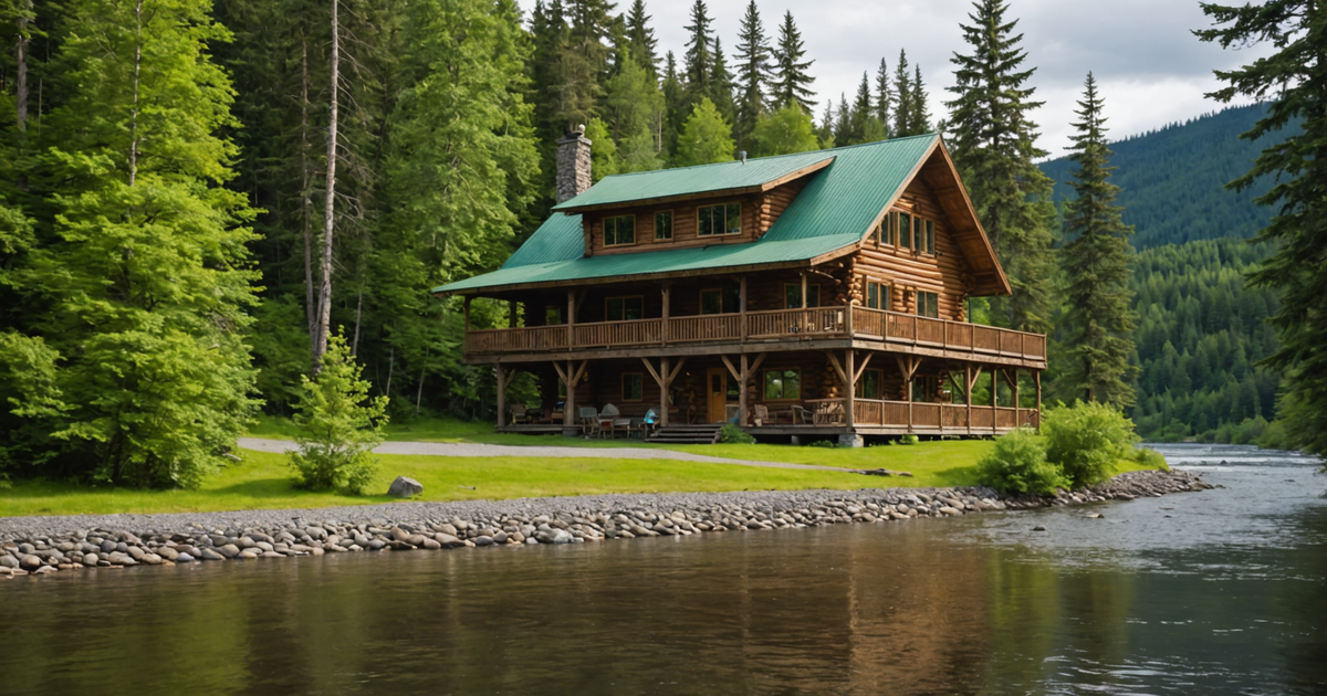 A serene view of a fishing lodge by the river, with lush Alaskan wilderness in the background.