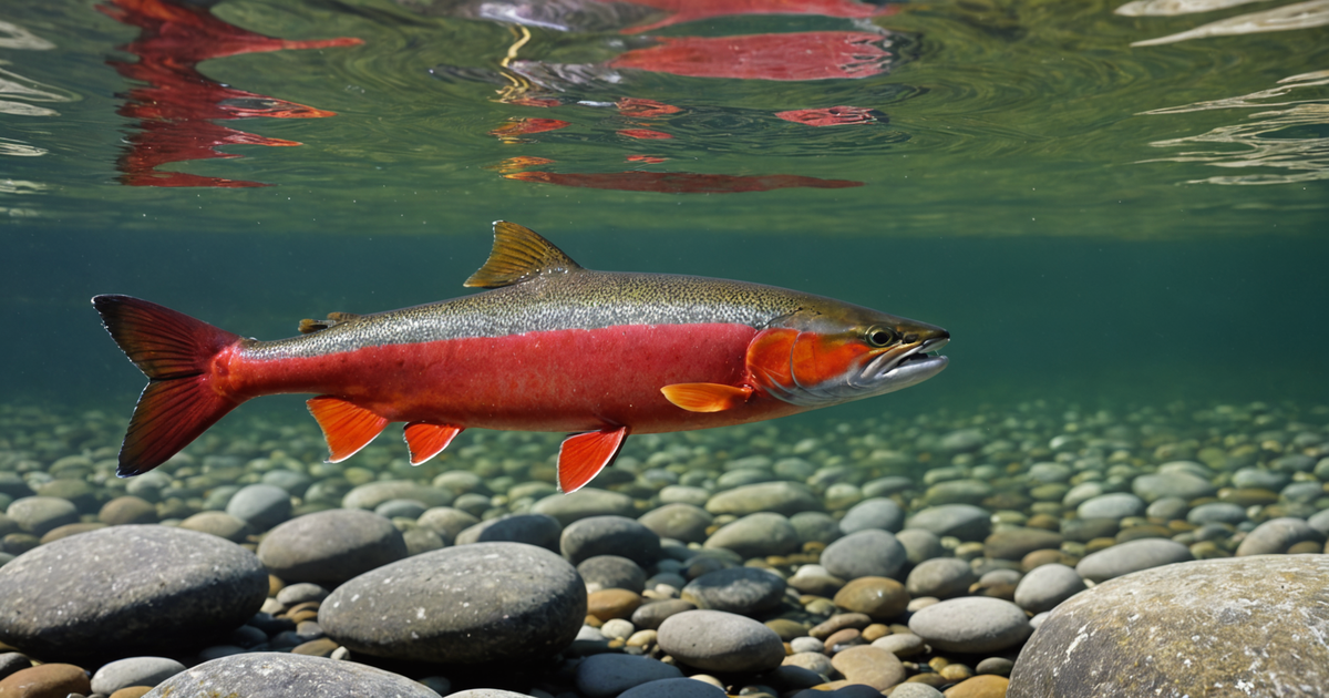 A vibrant Sockeye salmon swimming upstream.