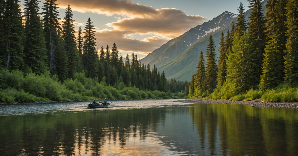 Majestic Alaskan river with anglers fishing for king salmon