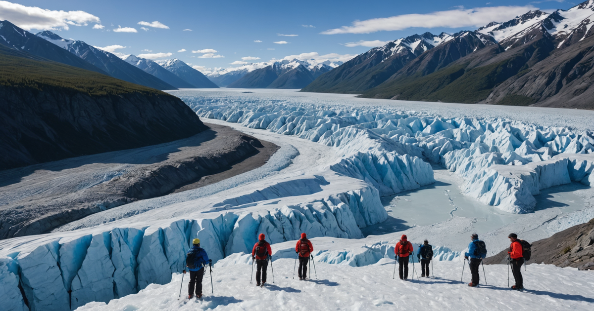 Scenic view of Matanuska Glacier with hikers in foreground