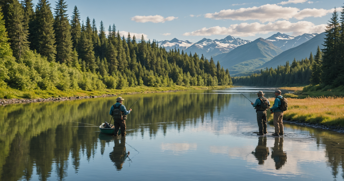 Scenic view of a river in Alaska with anglers fishing for salmon