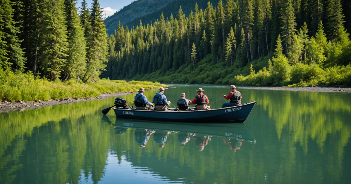 A group of anglers with a professional guide on a fishing boat on the Kenai River