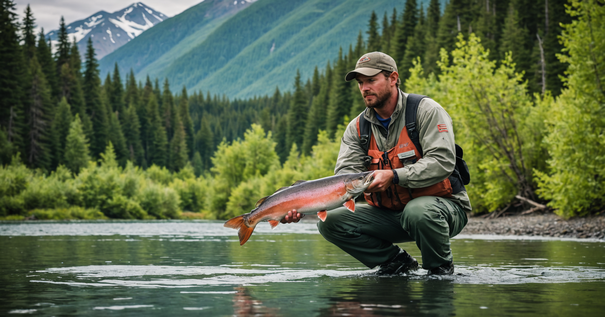 An angler releasing a king salmon back into the Kenai River as part of a catch-and-release practice
