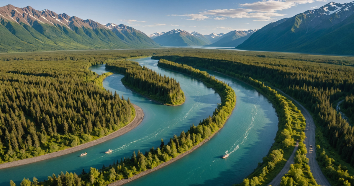 Aerial view of Kenai River with fishing boats