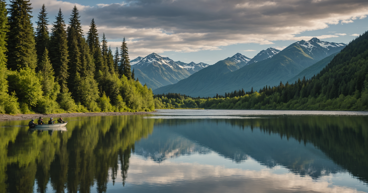 A panoramic view of a serene Alaskan river during the king salmon season, with anglers casting their lines.