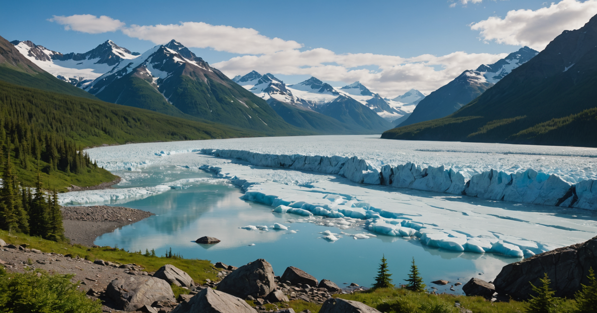 A breathtaking image of Alaskan wilderness with a backdrop of glaciers and pristine rivers.