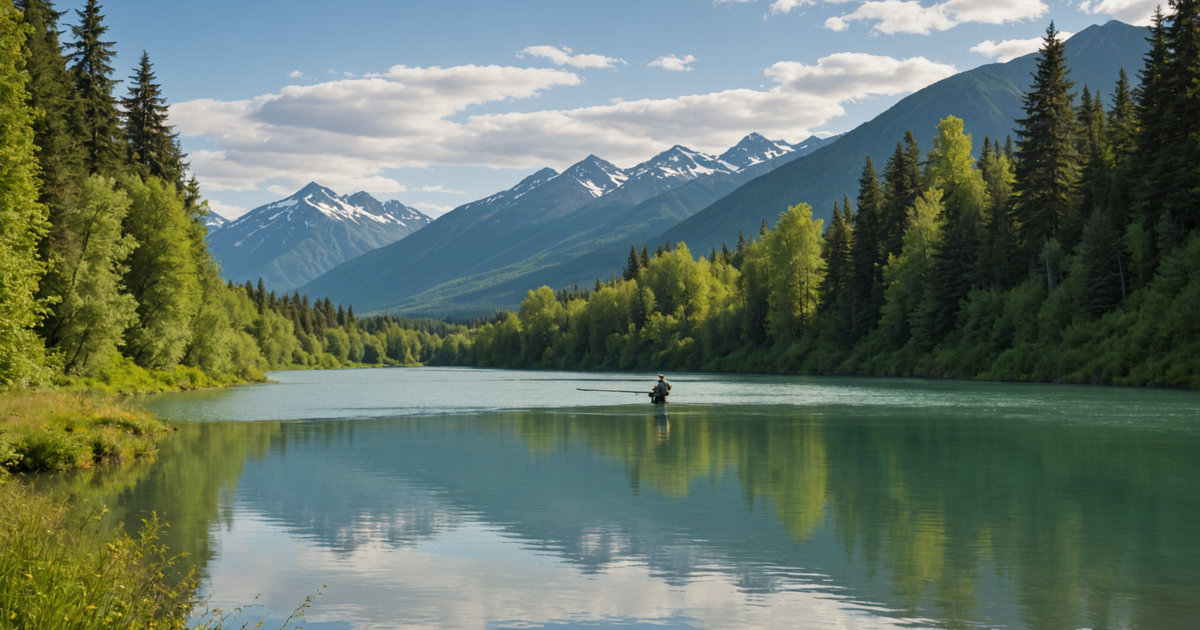 A serene view of the Kenai River with a fisherman engaged in mooching.