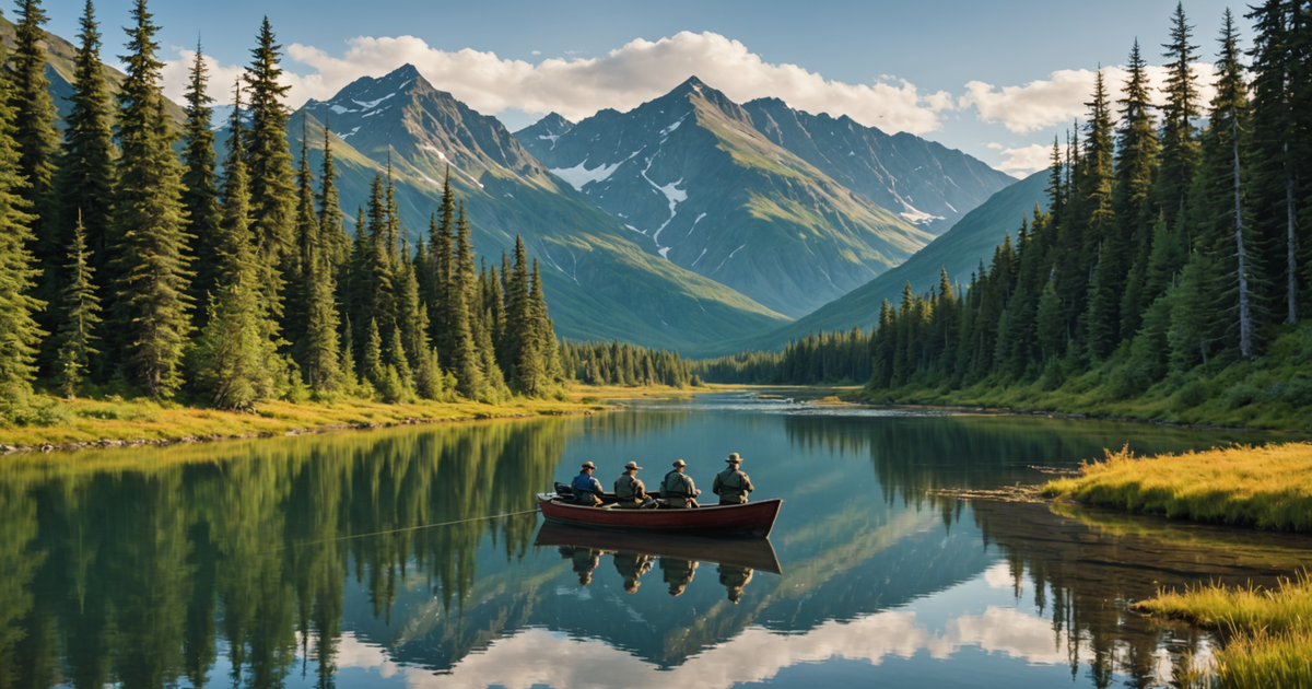 A group of anglers on a guided fishing trip with a backdrop of Alaska's stunning wilderness.