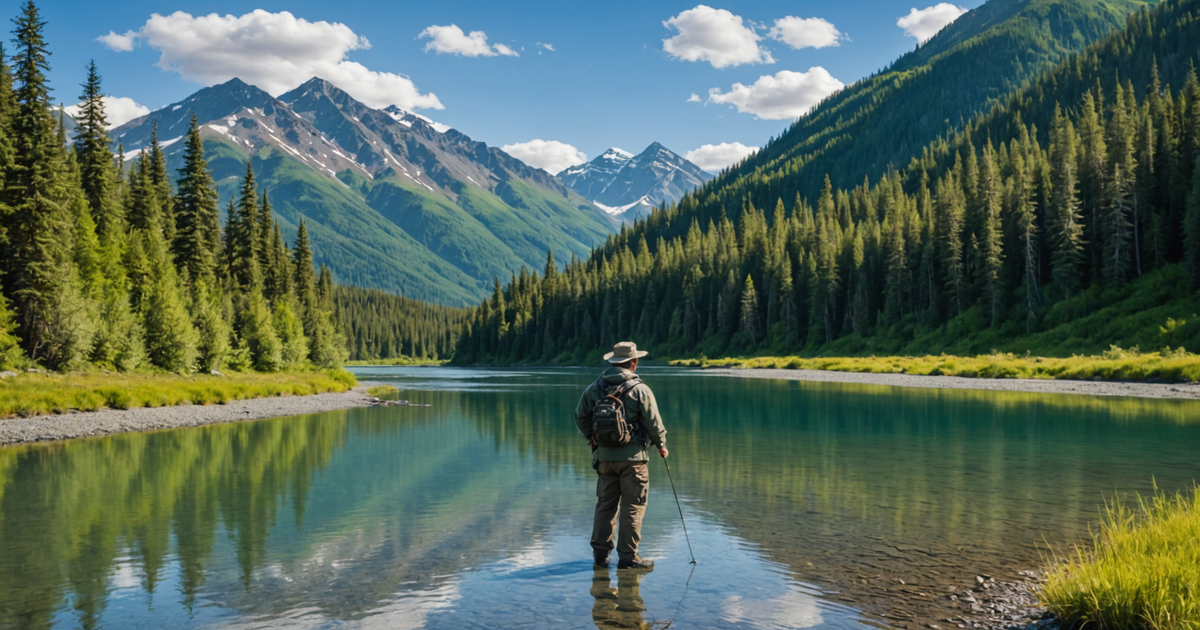 An angler casting a line in the Kenai Peninsula, surrounded by Alaskan wilderness