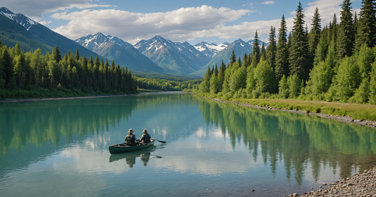 A scenic view of the Kenai River with anglers fishing