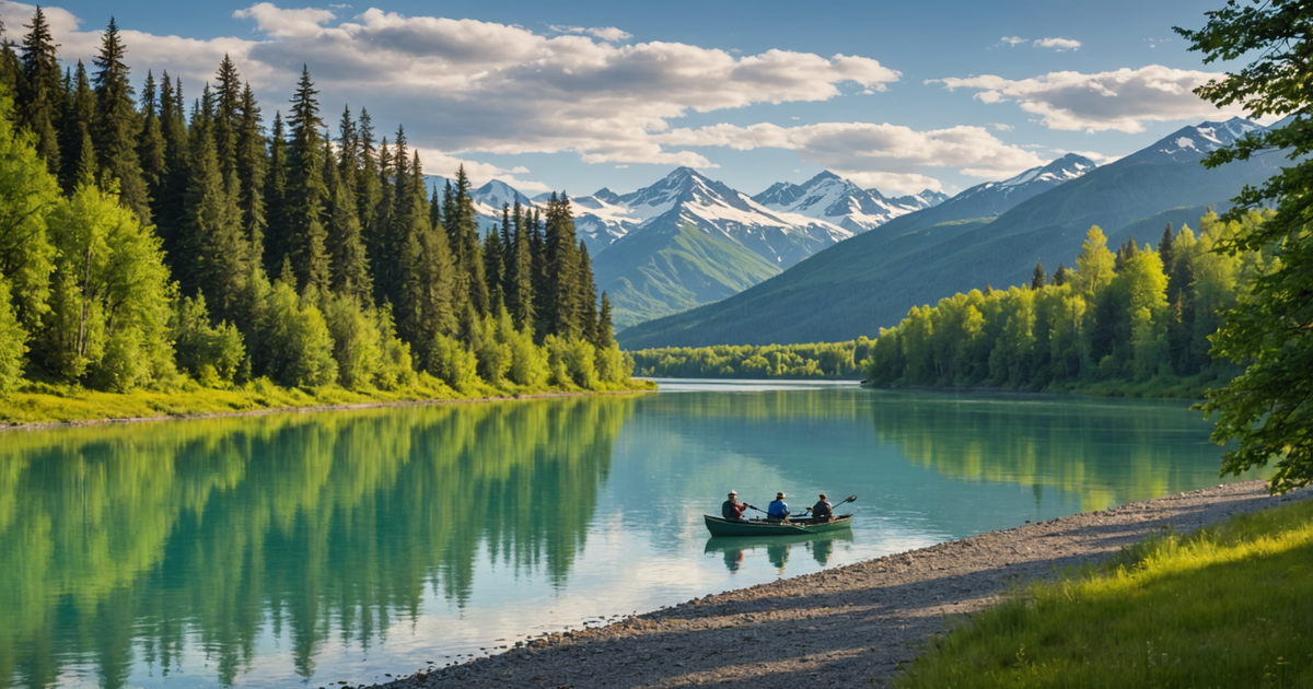 A picturesque view of the Kenai River with anglers fishing