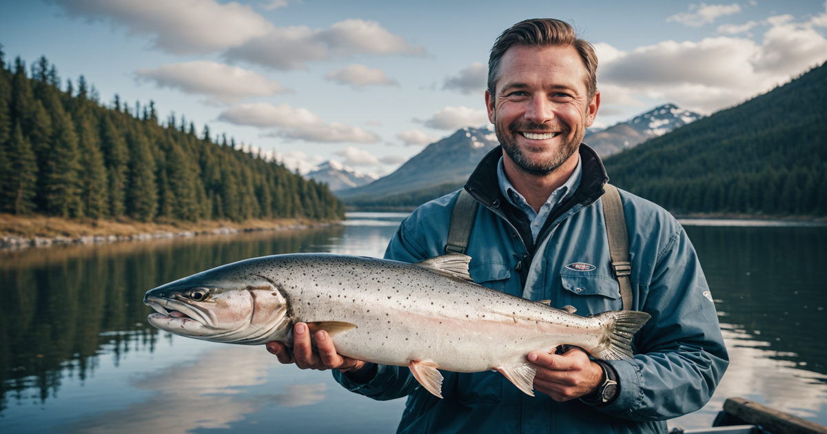 An angler proudly holding a freshly caught salmon